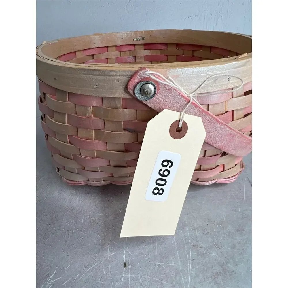 Vintage Pink‎ and wood Woven Basket with Handle 9”x9” Round